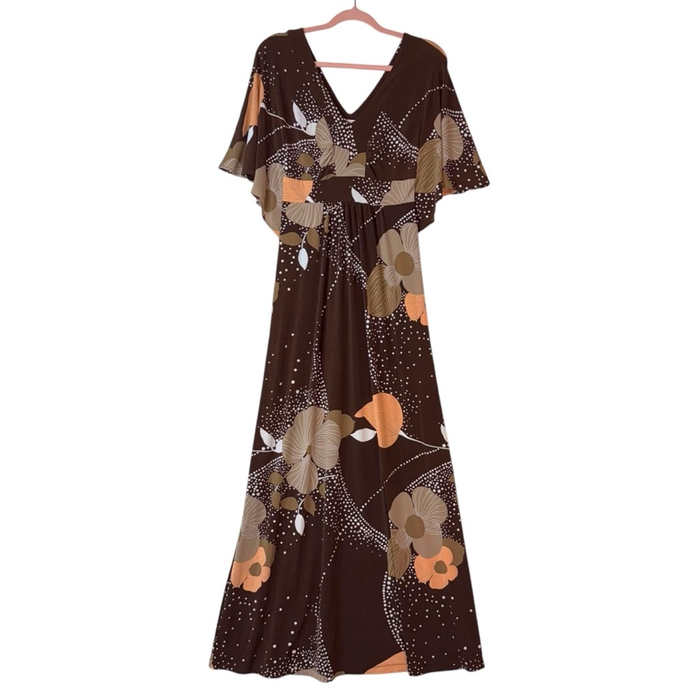 Tori Richard Brown Floral Maxi Dress with Orange and Beige Accents